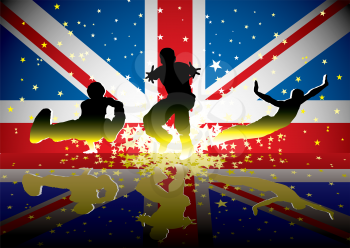 Sports people with british flag and reflection with exploding stars