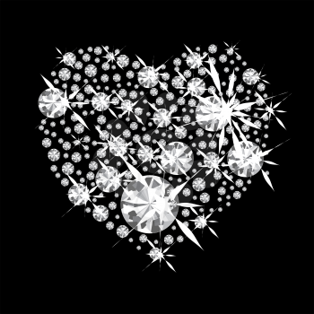 Diamond jewelery heart concept with black background and glittering jewels