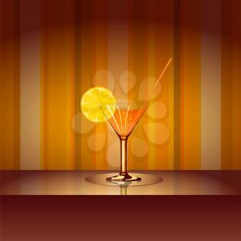 Royalty Free Clipart Image of a Cocktail on a Table Against a Striped Background