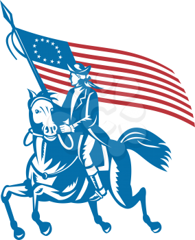 Royalty Free Clipart Image of an American Revolutionary Carrying the Flag While Riding Horseback