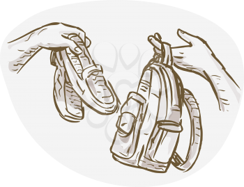 Royalty Free Clipart Image of Hands Holding Shoes and a Backback