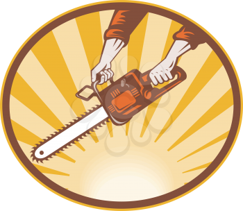 Royalty Free Clipart Image of a Hand Holding a Chainsaw
