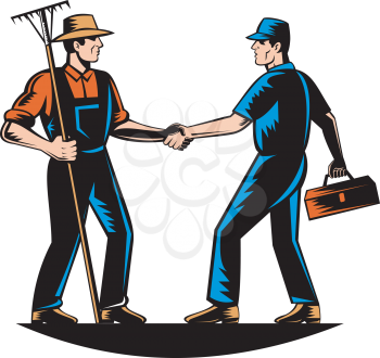Royalty Free Clipart Image of a Farmer and a Mechanic Shaking Hands