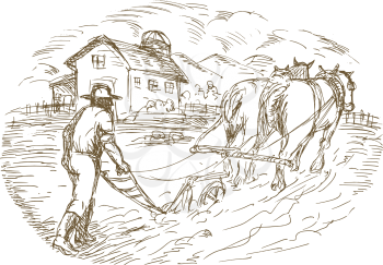Royalty Free Clipart Image of a Farmer Behind a Plowhorse