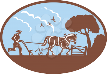Royalty Free Clipart Image of a Farmer Plowing With a Horse