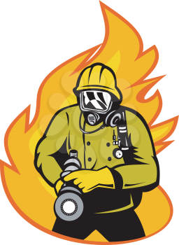 Royalty Free Clipart Image of a Firefighter and Hose