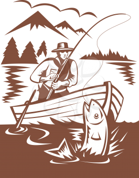 Royalty Free Clipart Image of an Angler Catching a Fish
