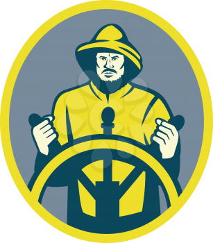 Royalty Free Clipart Image of a Fishing Boat Captain at the Wheel