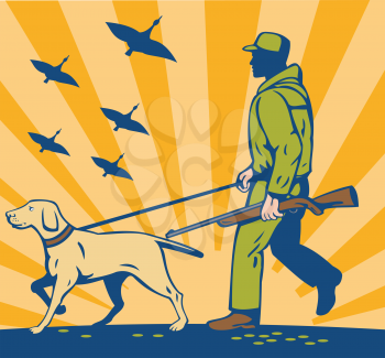 Royalty Free Clipart Image of a Hunter and Retriever With Birds Flying Overhead
