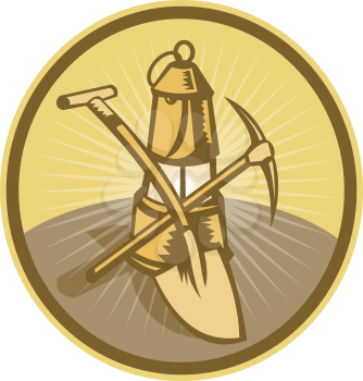 Royalty Free Clipart Image of a Mining Shovel, Pickax and Lamp