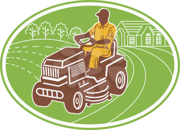 Royalty Free Clipart Image of a Male Silhouette on a Riding Lawn Mower