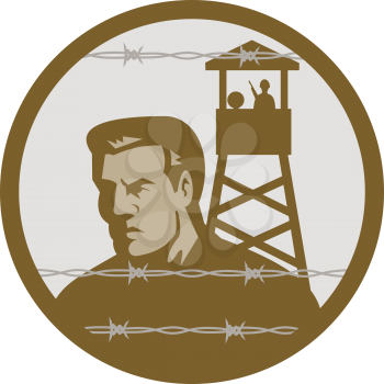 Royalty Free Clipart Image of a Prisoner of War at the Barbed Wire Fence