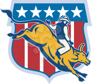 Royalty Free Clipart Image of a Cowboy Riding a Bull in Front of Stars and Stripes