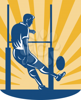 Royalty Free Clipart Image of a Rugby Player Kicking the Ball