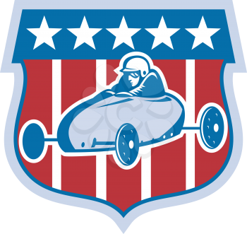 Royalty Free Clipart Image of a Soapbox Car on an American Shield