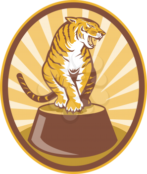Royalty Free Clipart Image of a Circus Tiger on a Podium