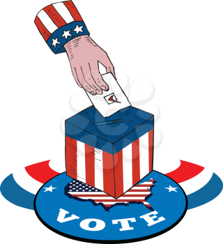 Illustration of of a hand putting ballot votign in box with american stars and stripes flag and map and word vote.