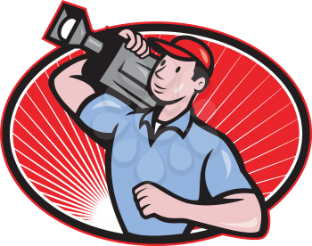 Illustration of a cameraman film crew carrying video movie camera set inside oval done in cartoon style.