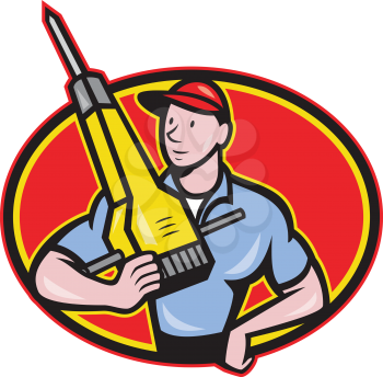 Illustration of a construction worker with jack hammer pneumatic drill done in cartoon style.