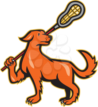 Illustration of a dog holding a lacrosse stick viewed from the side on isolated white background.