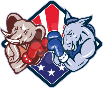 Illustration of a democrat donkey mascot of the democratic grand old party gop and republican elephant boxer boxing with gloves set inside diamond with American stars and stripes flag done in cartoon 