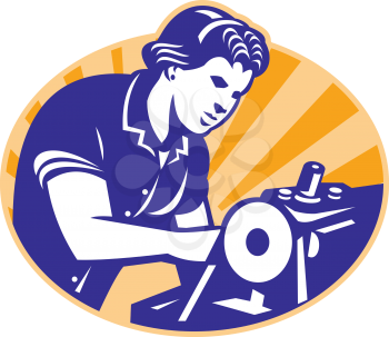 Illustration of a female machinist seamstress worker sewing on machine set inside circle done in retro style.