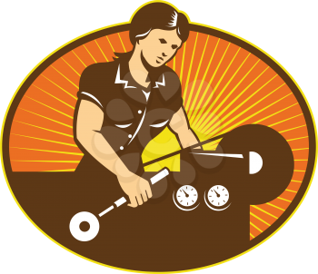 Illustration of a female machinist factory worker working on lathe machine set inside ellipse done in retro style.