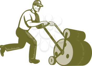 Illustration of retro style male gardener walking pushing lawn roller viewed from side on blue screen background.