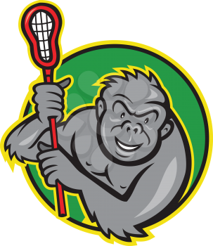 Illustration of a gorilla ape holding a lacrosse stick viewed from the front on isolated white background.