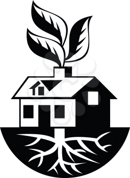 Illustration of a house with roots and leaves sprout from chimney done in black and white.