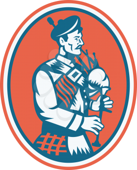 Illustration of a scotsman scottish playing the bagpipes viewed from side set inside oval done in retro style.