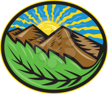 Illustration of mountain ranges with sunburst in background and leaf in foreground set inside oval done retro style.