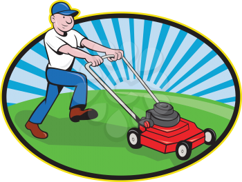 Illustration of landscaper gardener pushing lawn mower smiling facing side done in cartoon style on isolated white background.