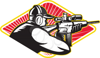 Illustration of a shooter hunter aiming target  rifle gun done in retro style on isolated background set inside diamond.