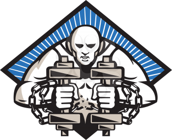 Illustration of a strongman with two dumbbells bound in chains breaking them facing front set inside diamond done in retro style.