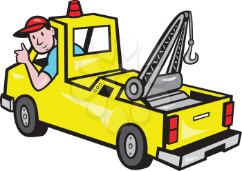 Illustration of a tow truck wrecker with driver thumb up on isolated white background.