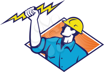 Illustration of an electrician construction worker holding a lightning bolt set inside diamond shape done in retro style in isolated white background.