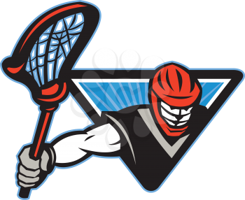 Illustration of a lacrosse player holding a crosse or lacrosse stick viewed from front set inside triangle.