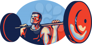 Illustration of a weightlifter lifting weights viewed from low angle done in retro style.