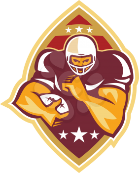 Illustration of an american football gridiron running back player running with ball facing front done in retro style set inside ball .