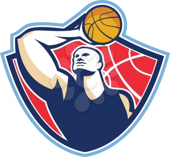 Illustration of a basketball player rebounding lay up ball set inside shield crest done in retro style.