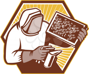 Illustration of a beekeeper ,honey farmers, apiarists, or apiculturist holding a bee smoker and brood frame working in apiary wearing bee suit set inside hexagon done in retro style.