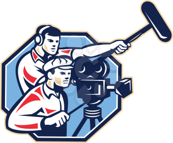 Illustration of a cameraman with vintage film movie camera and soundman worker with headphone holding a telescopic microphone boom done in retro style.