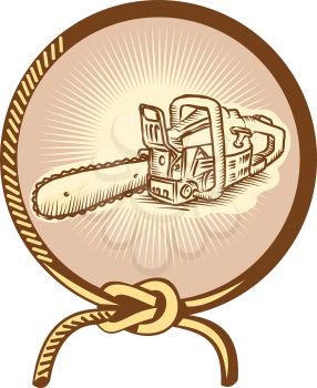 Illustration of chainsaw chain saw set inside lasso rope square knot done in retro style on isolated white background.