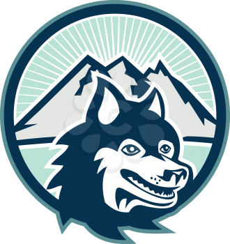 Illustration of a Siberian Husky dog with mountains in background set inside circle on white background done in retro style.