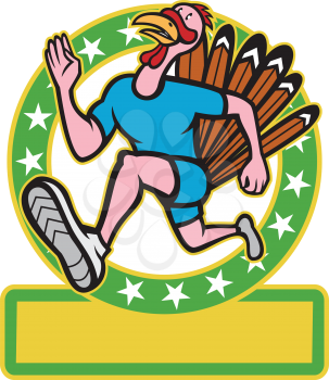 Illustration of a wild turkey run trot running runner viewed from side set inside circle done in cartoon style on isolated white background