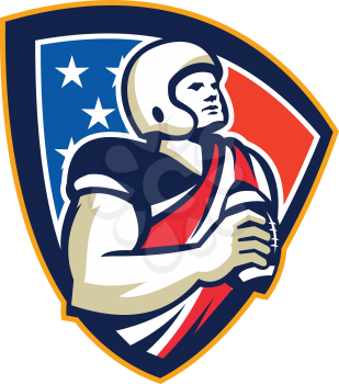 Illustration of an american football gridiron quarterback player holding preparing to throw ball facing front set inside crest shield with stars and stripes flag done in retro style.