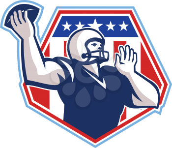 Illustration of an american football gridiron quarterback player throwing ball facing side set inside crest shield with stars and stripes flag done in retro style.