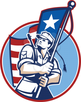 Illustration of an American patriot solider military serviceman looking up holding a USA stars and stripes flag in background set inside circle.