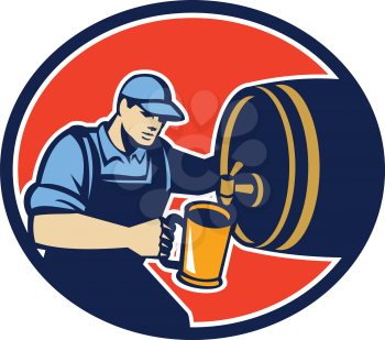 Retro style illustration of a brewer barman barkeeper bartender pouring beer into pitcher from barrel keg facing side set inside oval on isolated white background.